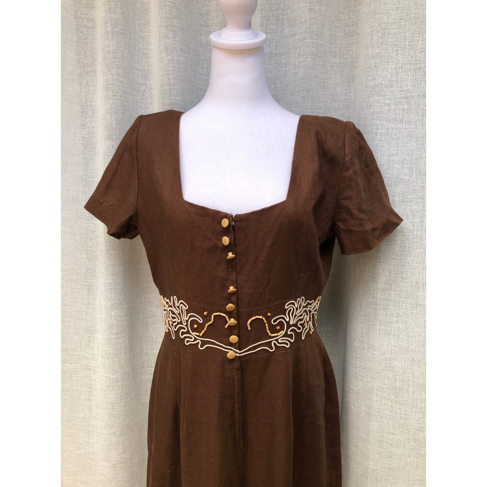 Donna Morgan chocolate brown short sleeve linen dress beaded waist embroidery - Picture 2 of 10